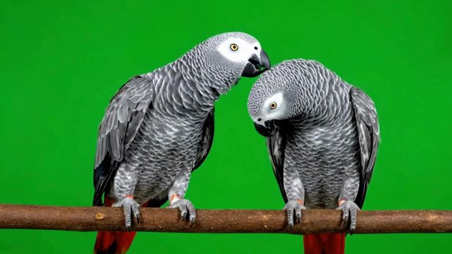 Two African Grey parrots perched on a branch against a vibrant green background.