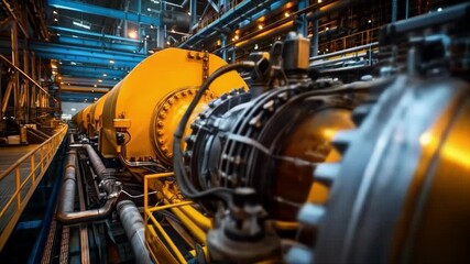 Industrial equipment and turbines in a modern workshop. Used in materials about manufacturing, technical presentations, articles about innovations in industry, and educational resources for engineers.