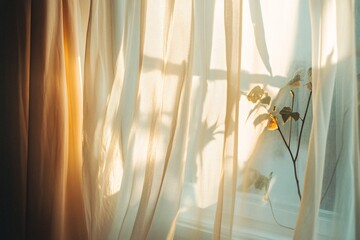 Window with sheer curtains and sunlight streaming through creating soft light.