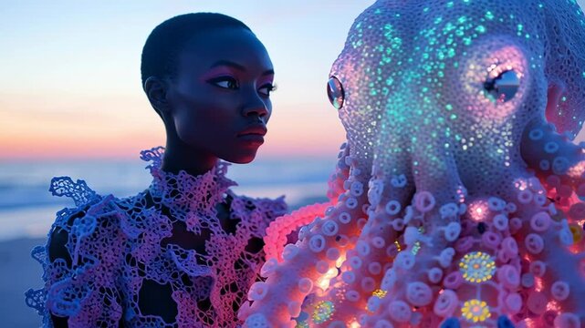 Fashion Model with Bioluminescent Octopus on Beach at Sunset. 