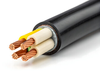 Electrical power cable with copper conductors and color coded insulation close up