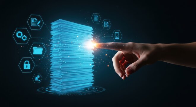 Digital data management with a glowing stack of documents and icons