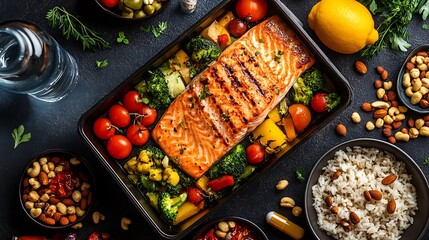 Grilled Salmon Meal Nutritious Dish with Vegetables and Rice on a Black Tray