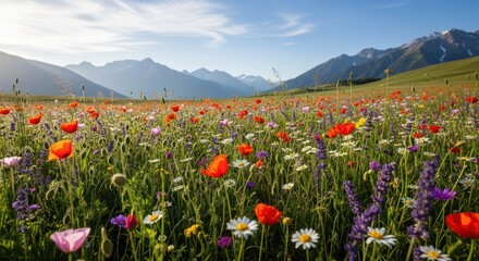 Scenic mountain meadow filled with vibrant wildflowers in the summer season landscape