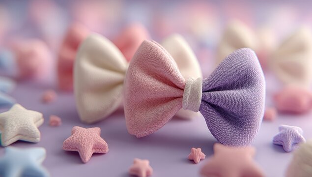 Pastel bows and stars. Soft, textured bows in pink and cream,  and light purple, amongst scattered pastel stars on a lilac background