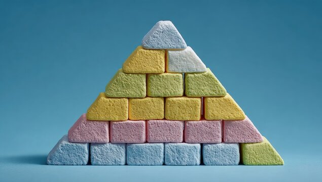 Colorful pyramid of stacked, square candy blocks against a pastel blue background