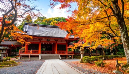 Autumn temple with vibrant foliage