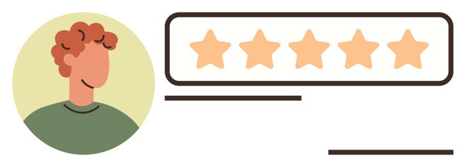 Profile avatar next to five-star rating and text placeholder. Ideal for feedback, evaluation, rating system, customer satisfaction, personal profile, online reputation, and user experience. Simple
