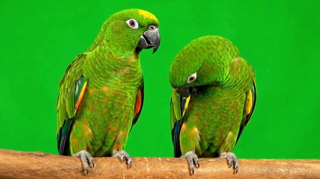 Two vibrant green parrots perched on a branch against a solid green background.