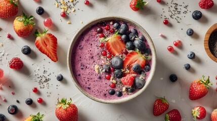 Top-down shot of a colorful smoothie bowl surrounded by fresh berries and ingredients, bright minimalist background, crisp detail