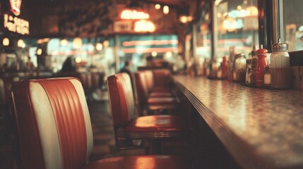 Vintage film-style photo of a classic diner scene, faded colors and film grain effect, warm nostalgic atmosphere