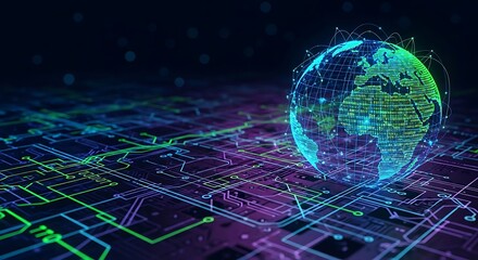 A digital representation of the Earth, overlaid with glowing circuit patterns, showcasing a futuristic and interconnected world.