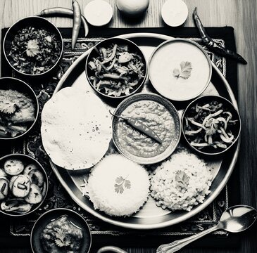 Flat lay of traditional Bengali meal featuring Amloki chutney in a small bowl, served with rice, lentils, and fried papad, showcasing cultural food heritage.