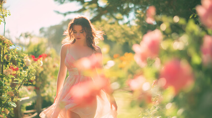 Naklejka premium Young woman walking in rose garden on sunny day