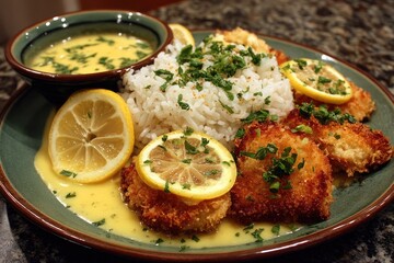 Lemon-herb crusted fish with rice and sauce