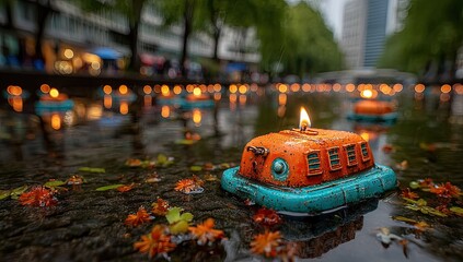 Floating orange & teal candle boats in a shallow pond