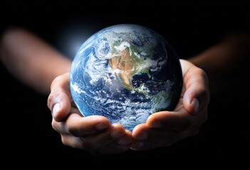 Earth globe is held in two cupped hands against a black background, symbolizing environmental conservation and global responsibility