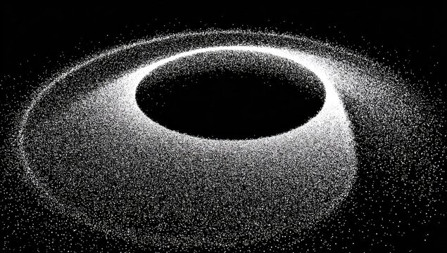 Black hole surrounded by accretion disk.  Grainy, cosmic, ethereal