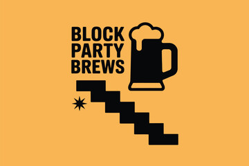 Block party brews graphic with beer mug and stairs in black on a yellow background design graphic art