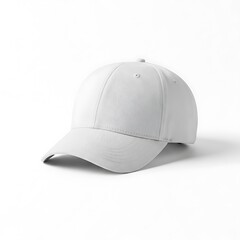 A  shot of a blank, white baseball cap, angled slightly, against a plain white background.