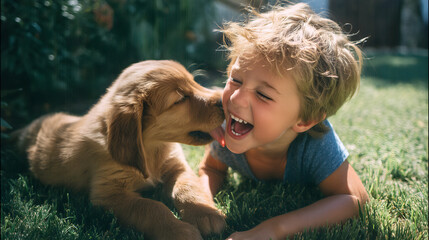 Happy child lying in grass while golden retriever puppy licks face