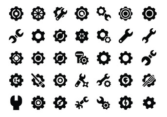 Collection of gear and wrench icons, representing mechanics, engineering, and tools
