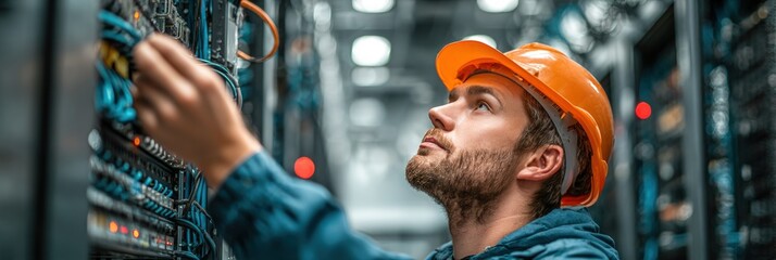 A technician wearing a hard hat examines cables in a server room, focused on connectivity