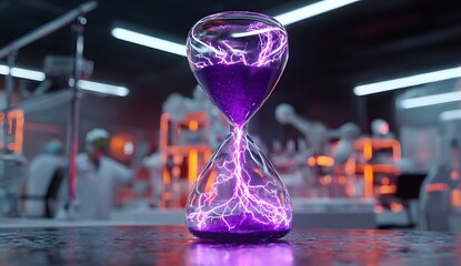Futuristic hourglass with electric purple energy