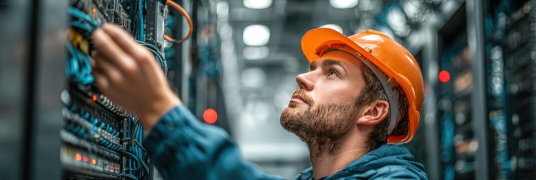 A technician wearing a hard hat examines cables in a server room, focused on connectivity