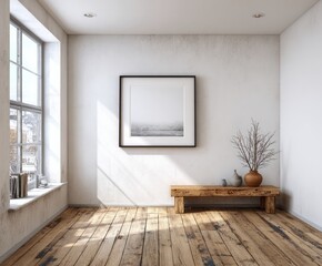 Fototapeta premium A minimalist, sun-drenched room with a wooden bench, displaying a framed monochrome landscape print.