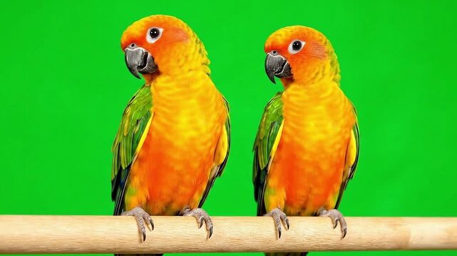 Two vibrant sun conure parrots perched on a wooden branch against a green background.