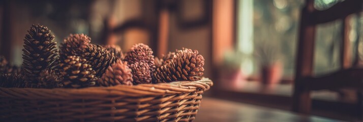 Pine Cones Arranged in a Wicker Basket on a Wooden Table Illuminated by Natural Light in a Cozy Indoor Setting