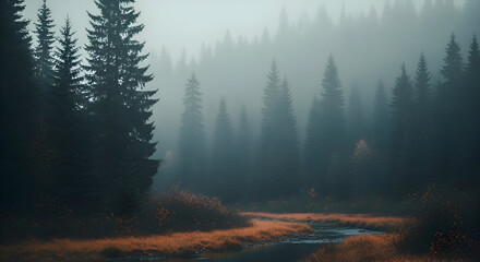 Misty Forest Serenity A Calming Landscape of Evergreen Trees, Tranquil Stream, and Ethereal Fog in a Breathtaking Natural Setting