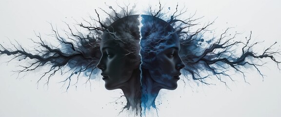 Fototapeta premium Metaphor bipolar disorder mind mentalillustration. Double face. Split personality. Concept mood disorder. 2 Head silhouette.Psychology. Mental health. Dual personality concept. Tangle and untangle