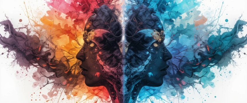 Metaphor bipolar disorder mind mentalillustration. Double face. Split personality. Concept mood disorder. 2 Head silhouette.Psychology. Mental health. Dual personality concept. Tangle and untangle