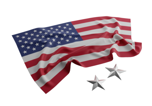 Elegant American flag of luxurious satin, draped with a polished silver star, captured from a 45-degree elevated angle on a transparent studio background. Sophisticated patriotism concept