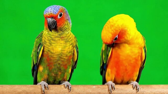 Two colorful parrots perched on a branch against a green background.
