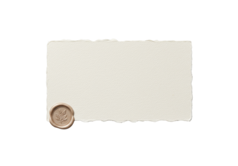 Rectangular premium cream-toned artisanal paper with hand-torn deckle edges and tactile texture, small pale taupe wax seal, top-down flat lay on seamless transparent background, elegant luxury concept