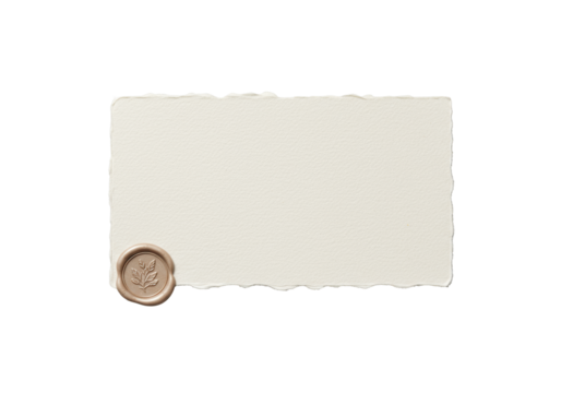 Rectangular premium cream-toned artisanal paper with hand-torn deckle edges and tactile texture, small pale taupe wax seal, top-down flat lay on seamless transparent background, elegant luxury concept