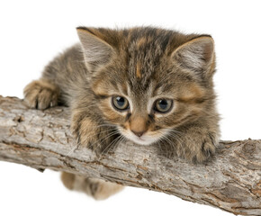 Obraz premium Playful kitten climbing branch animal isolated on transparent background