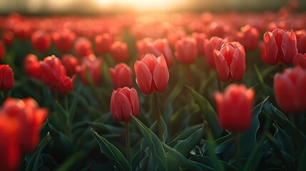 Field of Red Tulips Gently Flowing in the Touch of Wind