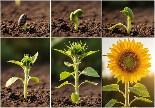 Illustration of time lapse of a sunflower growing from a seed to a blooming flower, showing the stages of plant development