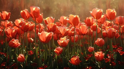 A Field of Blooming Tulips Gracefully Moving with Seasonal Wind