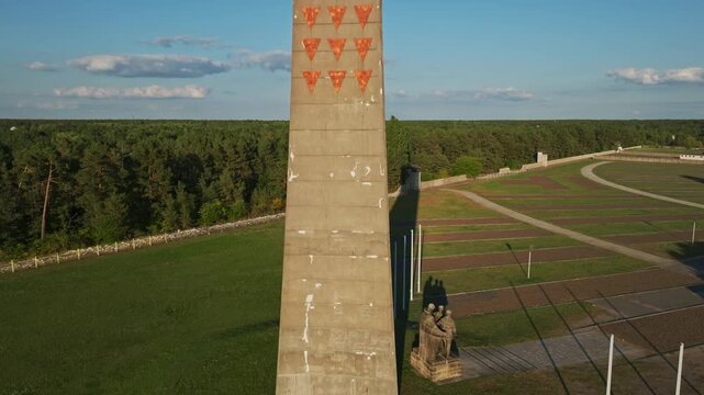 Aerial drone view of Soviet Memorial statue (Denkmal f&uuml;r das KZ Sachsenhausen) located at the Sachsenhausen Memorial and Museum site in Oranienburg, Germany. 15 September 2024