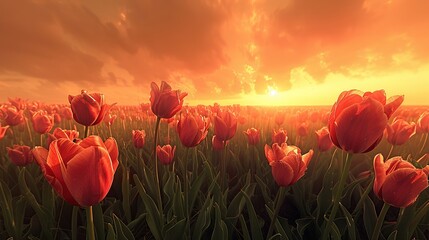 Fresh Wind Carrying the Grace of Tulips in a Blooming Field