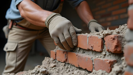 Hardworking Crew Member Dust-Covered Hands Century-Old Brick Masonry