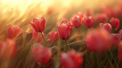 Colorful Tulip Blooms Swaying in the Open Windy Countryside