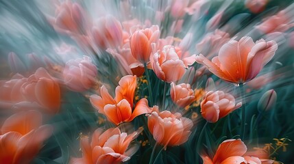 Delicate Tulips in Bloom Gently Shaken by the Soft Field Wind