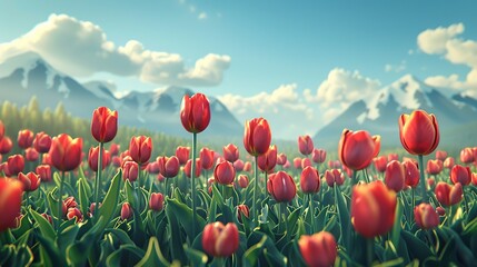 Charming View of Tulips in a Field Swaying with Spring Wind