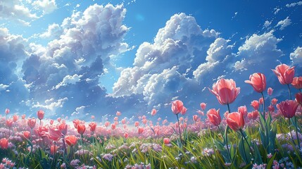 Stunning View of Tulips in Open Field Blowing with Spring Wind